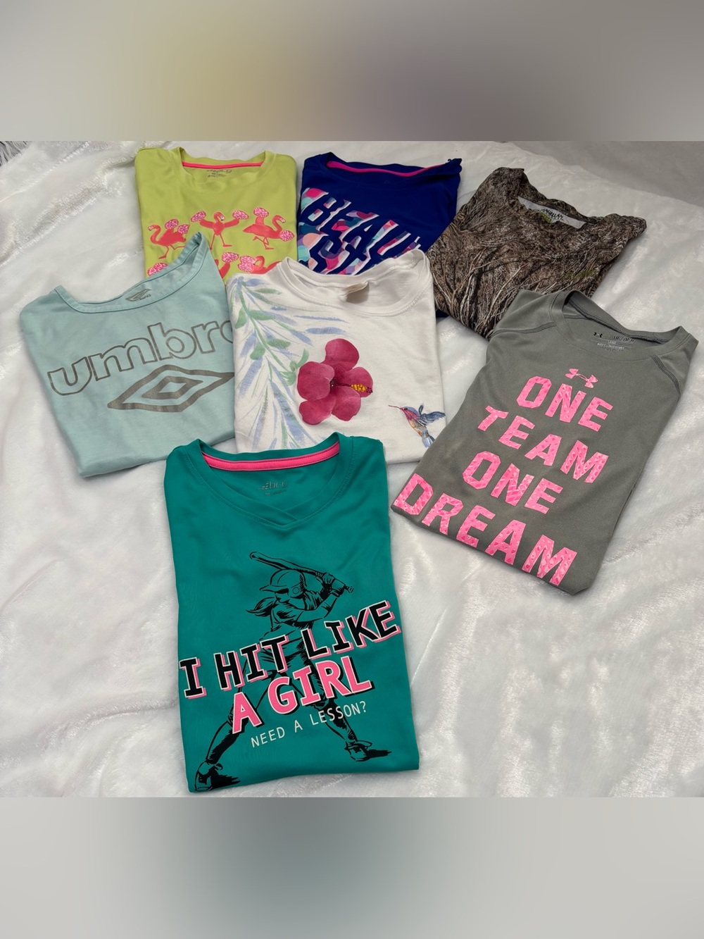 Girl’s | Bundle of 7 Tees | Athletic, Camouflaged, Floral and Flamingo print